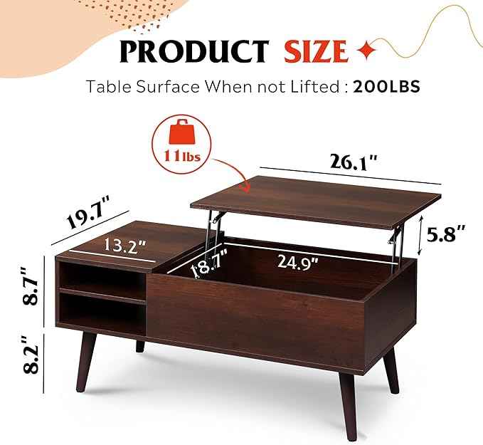 WLIVE Lift Top Coffee Table for Living Room,Small Coffee Table with Storage,Hidden Compartment and Adjustable Shelf,Mid Century Modern, Wood,Cherry,Espresso.