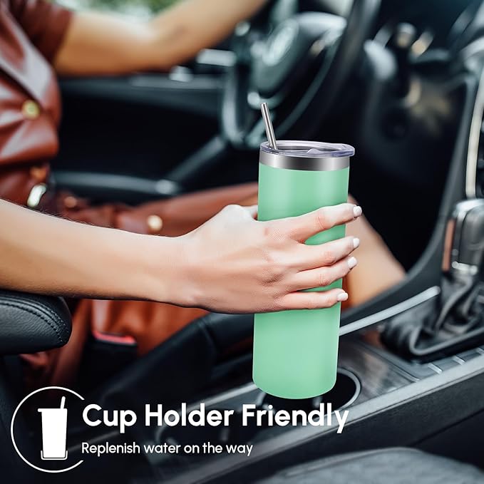 Volhoply 8 Pack Skinny Tumblers with Lid and Straw, 20oz Stainless Steel Straight Tumbler Bulk, Vacuum Insulated Coffee Mug for Home, Office, Travel, DIY (Mint,8 Pack)