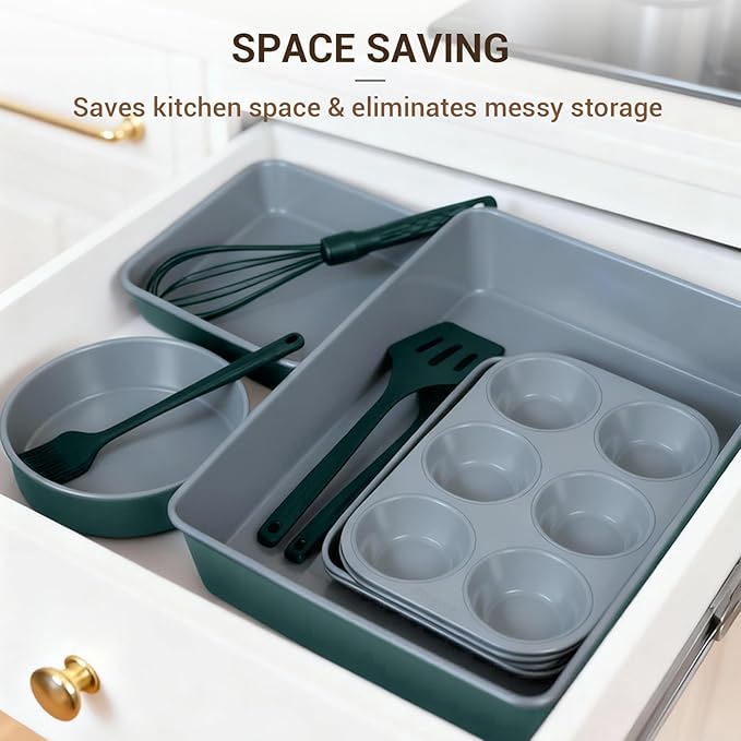 Ammeloo 22-Piece Baking Pans Set Stackable Bakeware Non Stick Baking Set Non Toxic Oven Pans, Including Roasting Pan, Cookie Sheets, Muffin Pans, Cake Pans, Oven Mitt and Utensils(Gray & Hunter Green)