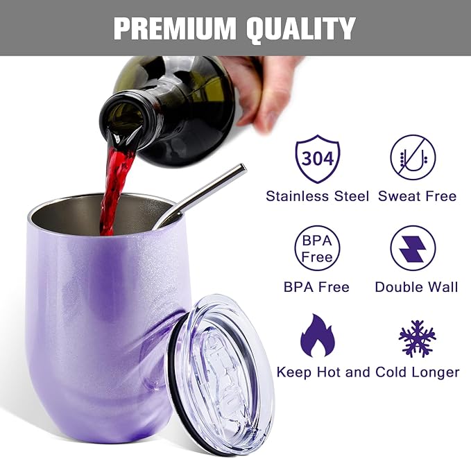 BetterSub 8 Pack 12oz Glitter Purple Wine Tumblers - Double Wall Insulated Sublimation Blanks, Stainless Steel Cups With Lid, Metal Straw, Brush, Display Box (Glitter Purple)