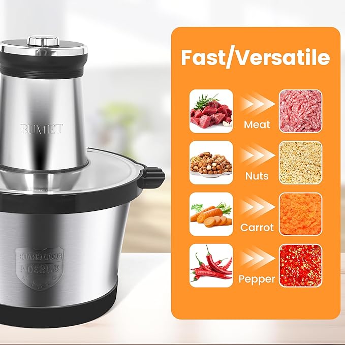 BUMET 16 cup steel bowl 850W Electric Food Processor,LED timer. 3-Tiered 6 Cutting Edges blade for mincing, chopping,Ideal as meat grinder,fresh vegetables chopper,pet food process in kitchen.