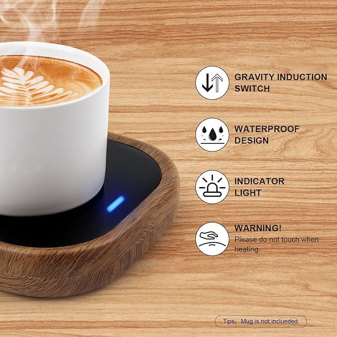 Coffee Mug Warmer for Desk - Wooden Auto Shut Off Drink Warmer for Milk Tea Water Cocoa - Smart Beverage Heating Candle Wax Plate