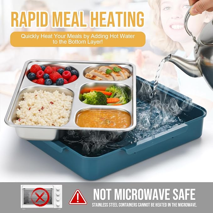 2 Sets Stainless Steel Lunch Bento Box for Adult 2.0 L Leakproof 5 Compartment Metal Bento Box with Bag 8 oz Soup Bowl with Utensils for Office, Travel(Dark Blue, Black)