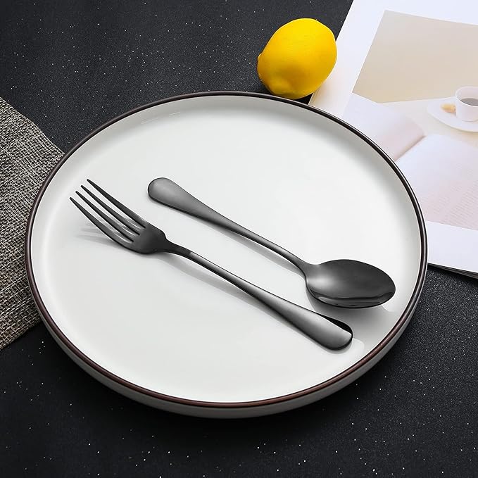 24 Piece Black Forks and Spoons Silverware Set for 12, Stainless Steel Dinner Forks(8 Inch) and Spoons(6.7 Inch) Black Silverware Set, Heavy-Duty Cutlery Set, Dishwasher Safe