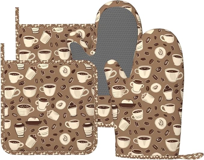 Oven Mitts and Pot Holders Set, Coffee Pattern Bean Silicone Kitchen Accessories 4 Piece Heat Resistant Long Gloves Potholder Non-Slip Grip for Chef Cooking Baking Grilling BBQ