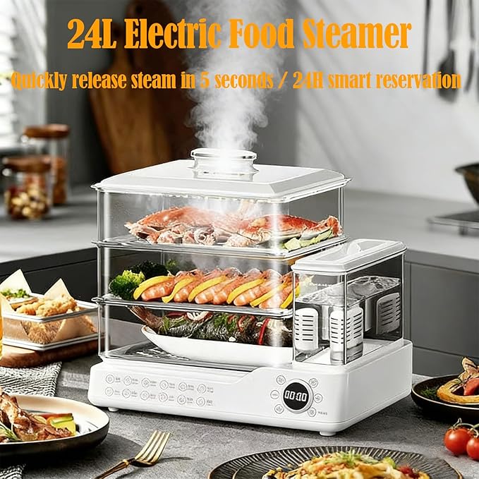 Electric Steamer: 24L/25QT Electric Steamer for Cooking, 3 Tier Food Steamer with Detachable Water Tank, Steamer for Food with 800W Power for Veggies, Seafood & Rice, BPA-Free