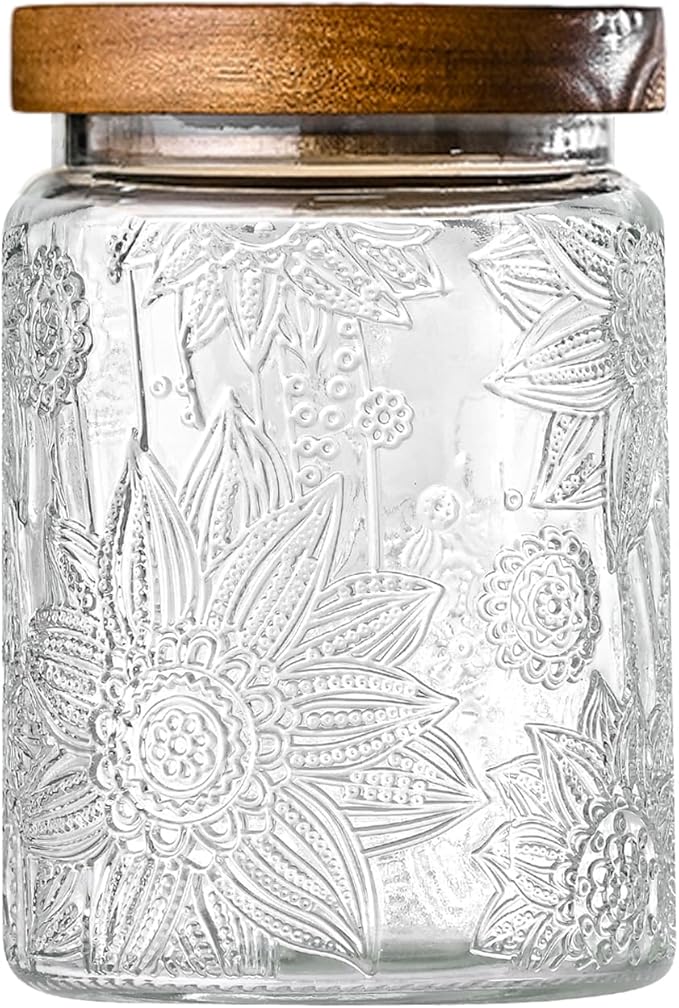 Adodeen 24oz Vintage Glass Canister With Lid Small Glass Jars Wide Mouth Mason Jars Airtight Coffee Canisters Kitchen Storage Containers For Sugar Tea Spice Flour Candy Cookie Cereal Cute Decorative