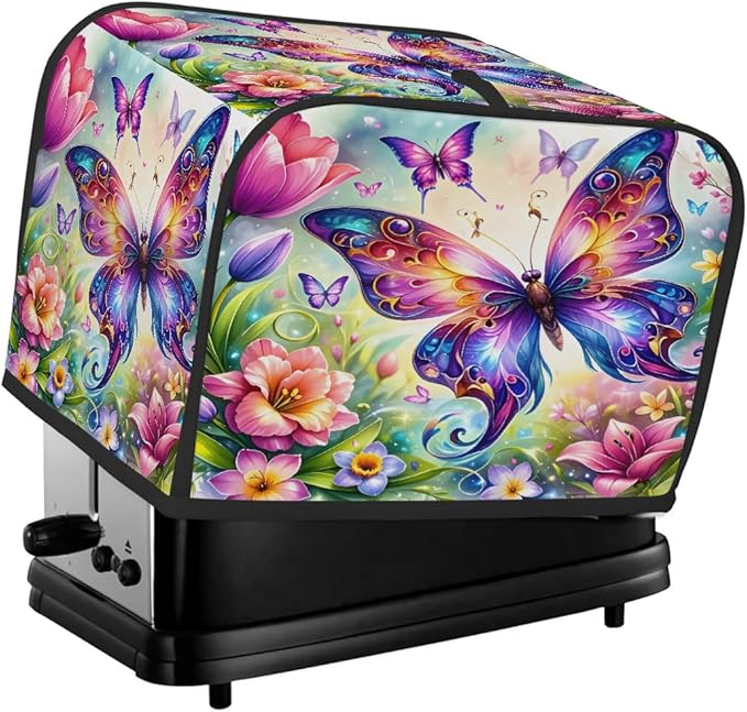 Colorful Flower Butterfly Toaster Cover 4 Slice Dust and Fingerprint Protection Toaster Bread Maker Covers Washable Kitchen Small Appliance Covers for Kitchen Accessories Decor Bakeware Women Gift