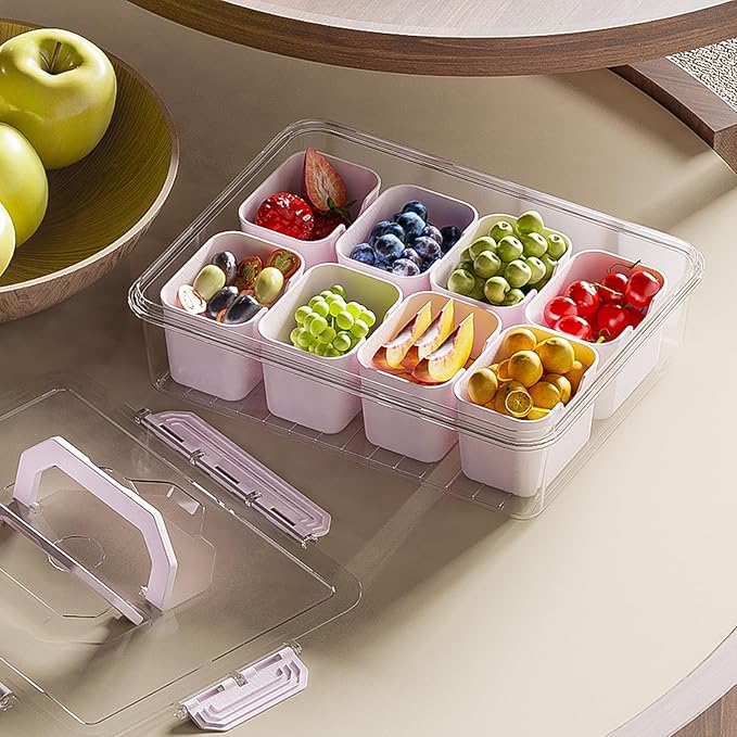 REBECAT Divided Serving Tray with Lid and Handles 8 Compartments Snack Box Container Charcuterie Organizer Snackle Box Container for Candy,Nuts，Fruits,Snacks,2 Pack,Pink