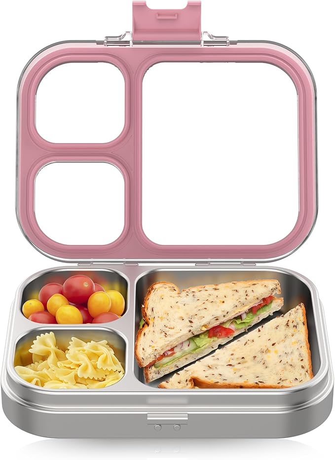 HOMEKOL Stainless Steel Bento Lunch Box, 3-Compartment Leak-Proof Lunch Container for Kids & Adults, BPA/BPS-Free 304 Metal Food Box, Dishwasher Safe, Clear Tritan Lid, Pink (Not Insulated)