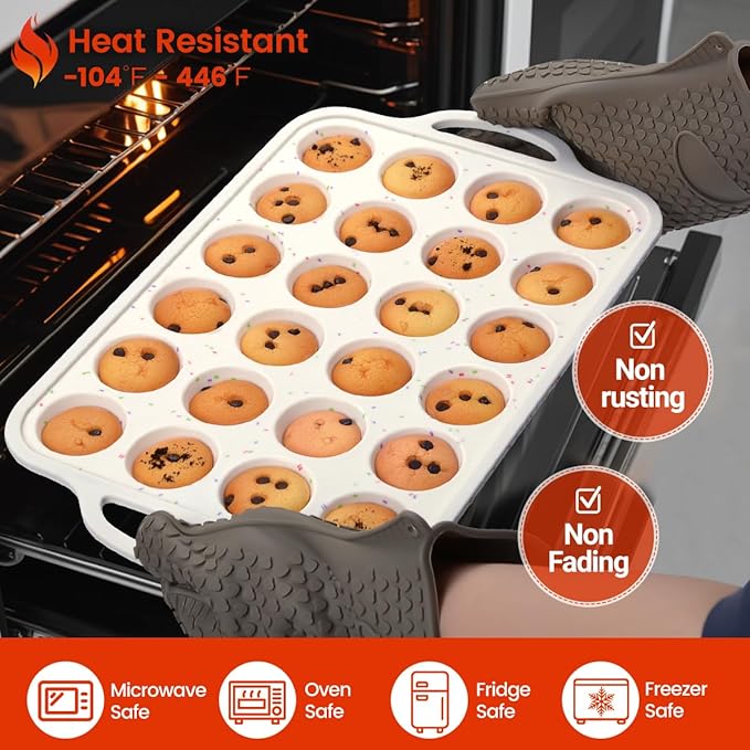 CAKETIME Mini Muffin Pan, Metal Reinforced Frame Mini Cupcake Pans 24 Cups Nonstick Muffin Silicone Molds with Handle for Baking Muffins, Cupcakes, Egg Bites 2 Pack