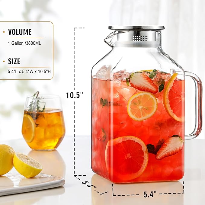 2 Pack 1 Gallon Square Glass Pitcher with Lid and Spout, Borosilicate Glass Carafe for Hot/Cold Drink, Water Pitchers with Handle for Fridge, Extra Large Jug for Iced Tea, Coffee, Juice, Beverage