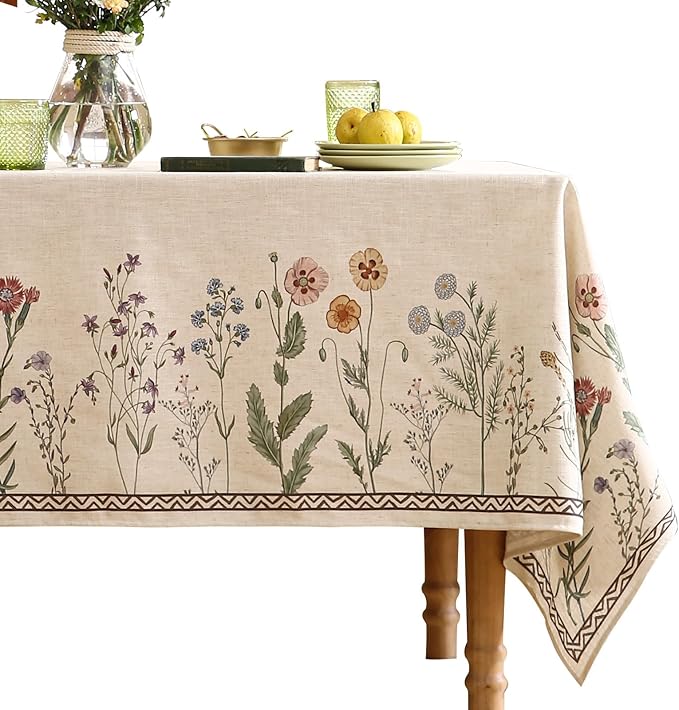 ISAENNE Designer Off White Linen Extra Long Rectangle Tablecloth,Floral Elegant Table Cloth,Stain Resistant Vintage Decor Tablecloths for Dining Thanksgiving Kitchen Party,63"*110"-Serenity G