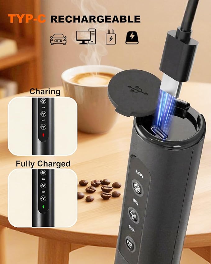 Rechargeable Handheld Milk Frother with Box, 3-Speed Coffee Frother Handheld with 3 Whisks, Dual Coil Whisk Electric Frother Wand for Coffee Latte Cappuccino Matcha and Egg, Kitchen Gift Set