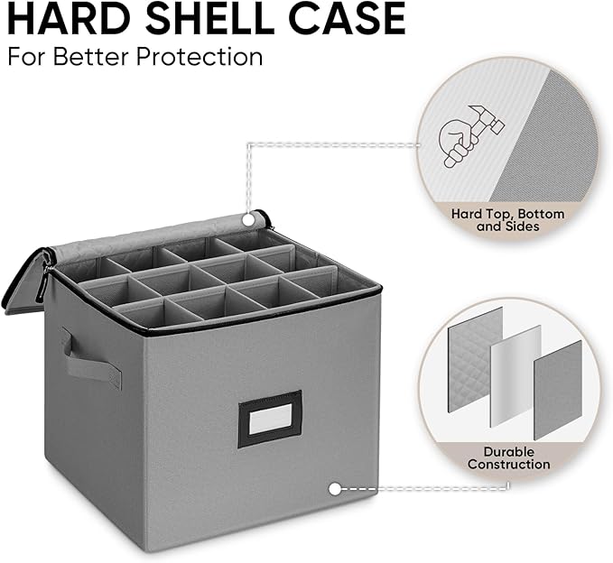 BALEINE China Storage Containers, Sturdy Quilted Wine Glass Storage, Plate Organizer with Carry Handles, Moving Boxes for Dishes, Cups, Mugs and Stemware (Champagne Flute, Hard Shell Grey)