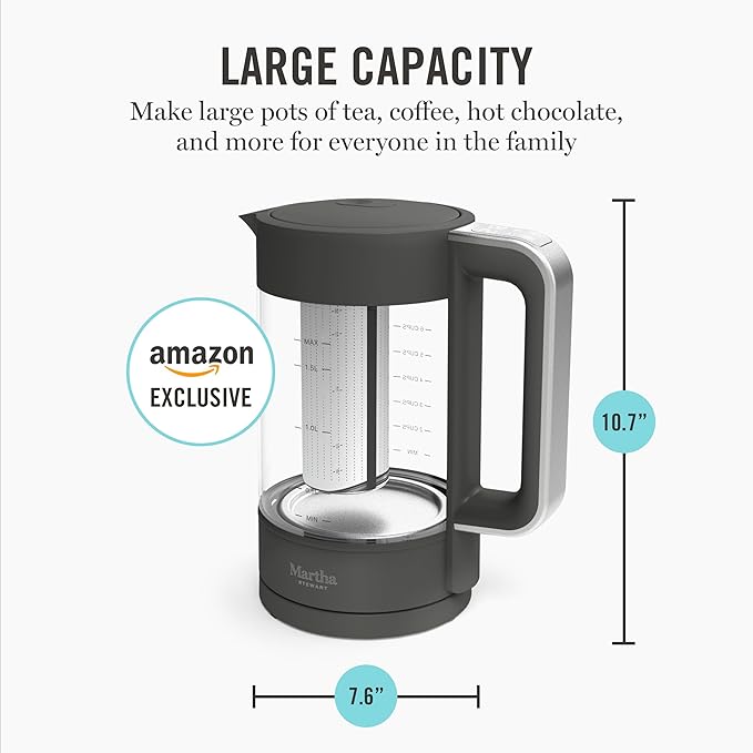 Martha Stewart  Electric  Kettle with Removable Stainless Steel Tea Infuser, Glass Carafe 1.7L (7 Cups), Hot Water Boiler, 4 Presets, Keep Warm & Auto Shut-Off, Cordless 360° Swivel Base, Caviar Gray