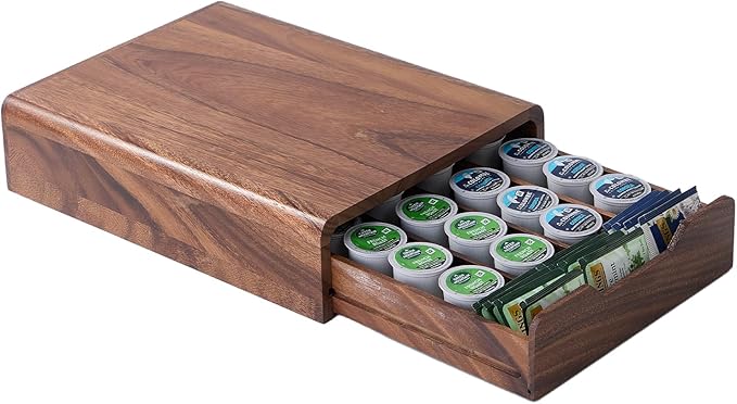 Solid Walnut Coffee Pod Organizer, 35-Capacity Coffee Drawer with Removable Dividers & Child-Safe Rounded Edges for Countertop