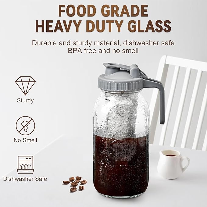 OneDream Cold Brew Coffee Maker, 2 Pack 64oz Stainless Steel Filter Cold Brew Pitcher Jar, No Leaks Cold Brew Mason Jar Coffee Maker, Easy to Clean Cold Coffee Maker