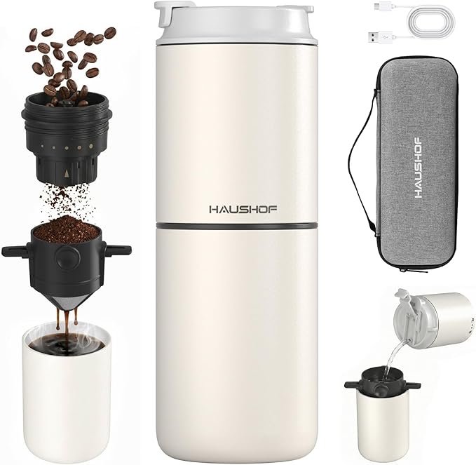 HAUSHOF Portable Coffee Maker, Travel Coffee Maker Battery Operated Small Pour Over Set, Compact Coffee Maker with Electric Grinder & Insulated Mug for Travel, Camping, Car