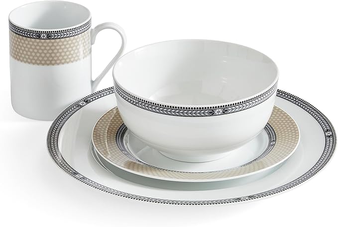 Portmeirion Home Vintage Chic 16 Piece Set - Porcelain Dinnerware with Art Deco Borders - 10.5" Dinner Plates, 7.5" Salad Plates, 5.5" Bowls, 11.5 Oz Mugs - Microwave & Dishwasher Safe Place Settings