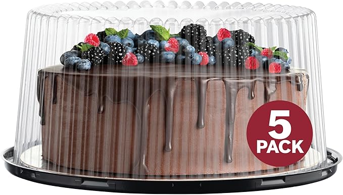9" Plastic Disposable Cake Containers Carriers with Dome Lids and Cake Boards | 5 Round Cake Carriers for Transport | Clear Bundt Cake Boxes/Cover | 2-3 Layer Cake Holder Display Containers
