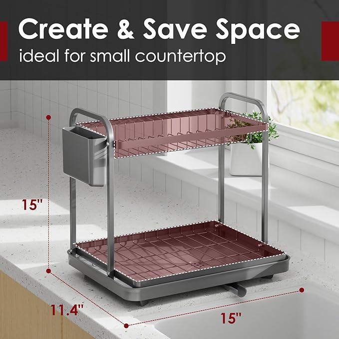 Sakugi 2-Tier Dish Drying Rack - Stainless Steel Dish Rack with Cutlery & Utensil Holders for Kitchen Counter, Sink Organization and Storage for Small Family, 15" W x 11.4" L x 15" H, Gray