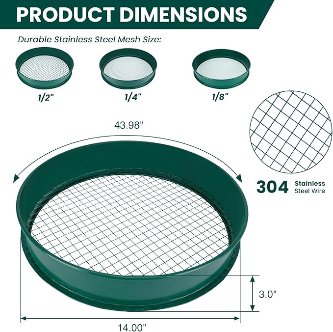 Soil Sifter, 3PCS Soil Sifter Set for Gardening, Stainless Steel Sifter（1/2", 1/4", and 1/8"）