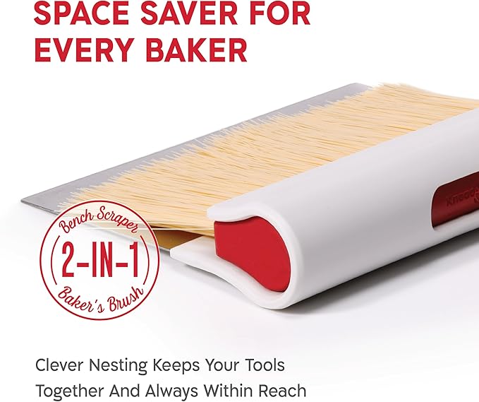KneadAce Dough Scraper & Baker’s Brush Set. Stainless Steel Bench Scraper & Flour Cleaning Brush. Kitchen Tool for Pastry, Sourdough and Baking Prep Bread Dough Cutter, Gift For Bakers (White/Red)