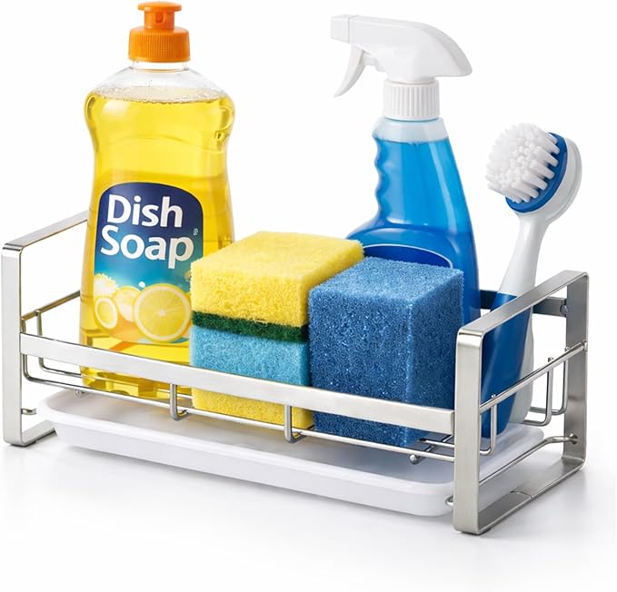 HULISEN Large Sponge Holder, 304 Stainless Steel Kitchen Soap Dispenser Caddy Organizer, Countertop Soap Dish Rack Drainer with Removable Drain Tray, not Including Dispenser and Brush, Silver