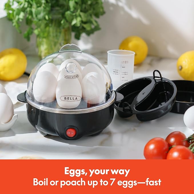 BELLA Egg Cooker, Rapid Boiler & Poacher, Meal Prep Essential, Family Sized Meals: Make Up To 7 Large Boiled Eggs, Dishwasher Safe Lid with Cool-Touch Handles, Poaching Tray Included, Black