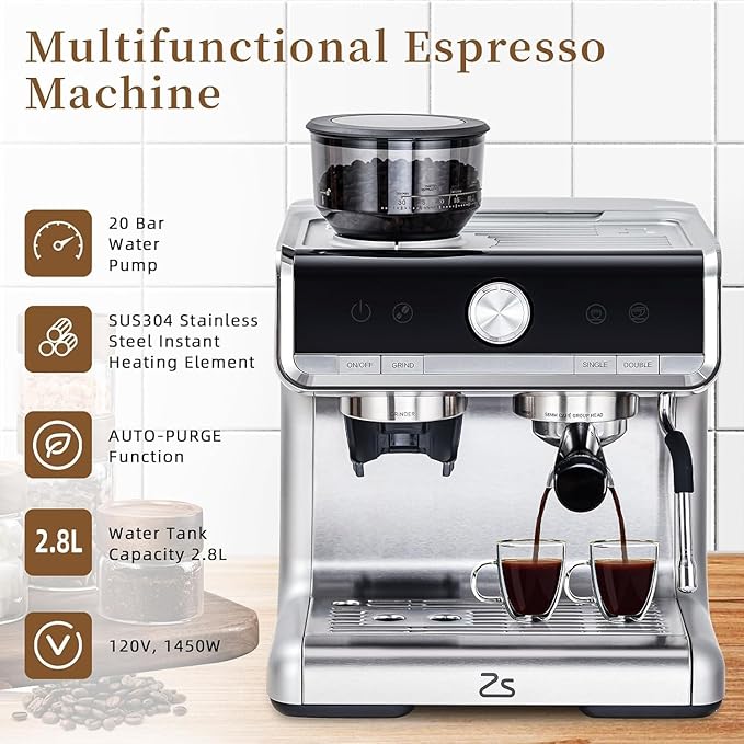 GarveeHome Espresso Machine With Grinder, 20 Bar Semi-Automatic Espresso Coffee Maker With Milk Frother Steamer Wand Cappuccino Latte Macchiato, 95 oz Water Tank, Pid Temperature Control-Silver2