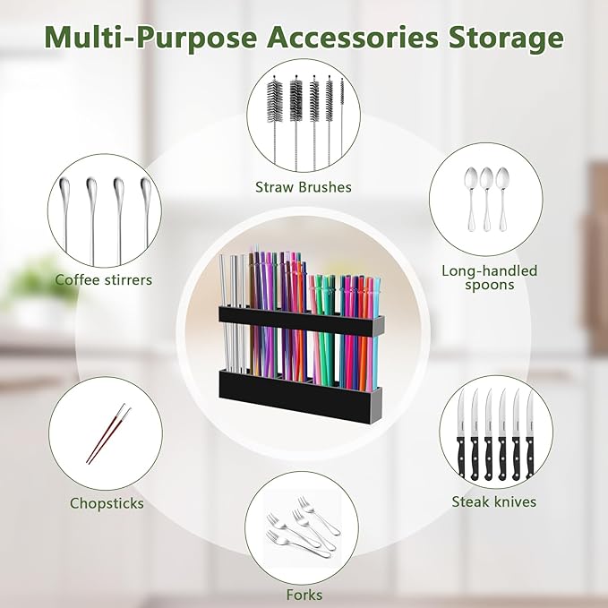 Acrylic Straw Holder for Cabinet Door - Reusable Tumbler Straw Organizer Storage, Small Kitchen Accessories Container, Ultra Sticky Cupboard Door Mounted (Black, Large 9.5" (Most Cabinets))