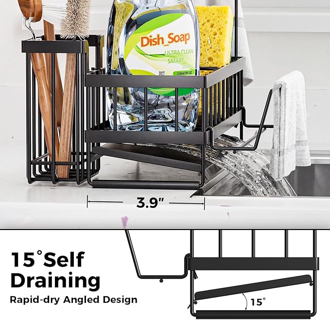 Sponge Holder for Kitchen Sink – Rustproof Stainless Steel with Detachable Drainboard, Brush Rack & Towel Bar | Compact, Non-Slip Design for Countertop Bathroom