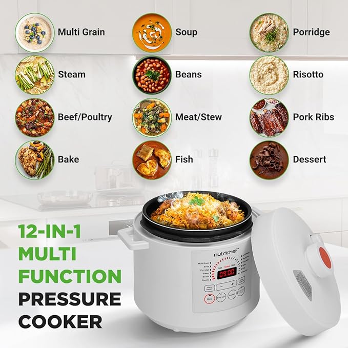 NutriChef 6 Quart Electric Pressure Cooker | 12 Function Digital Countertop Pressure Cooker | Adjustable Time & Temperature | Re-heat and Keep Warm Function | 13.1 x 11.4 IN | White