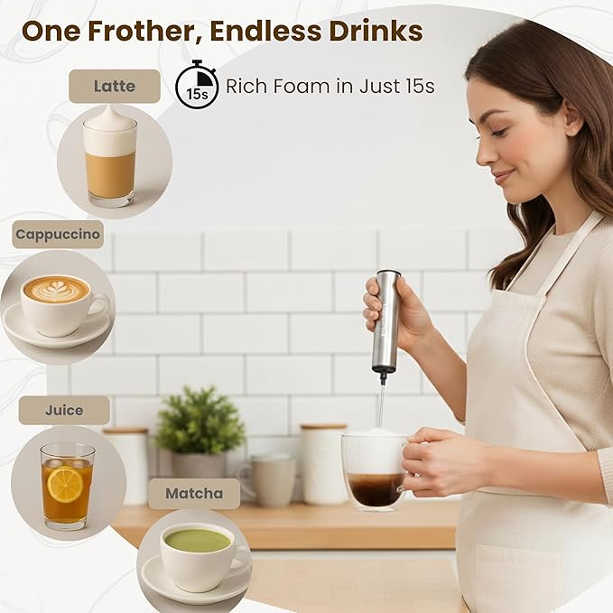 Milk Frother,Rechargeable 3 Speed Electric Coffee Foamer for Travel, Handheld Drink Mixer for Latte, Cappuccino, Coffee, Eggs, Hot Chocolate, Protein,Silver