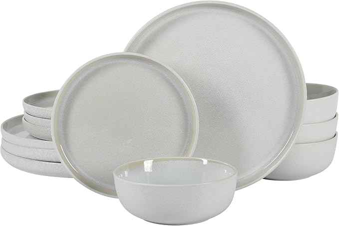 Gibson Elite Tahoe Sunset 12 Piece Stoneware Reactive Glaze (Service for 4) Ceramic Plates and Bowls Dinnerware Set - Cream White