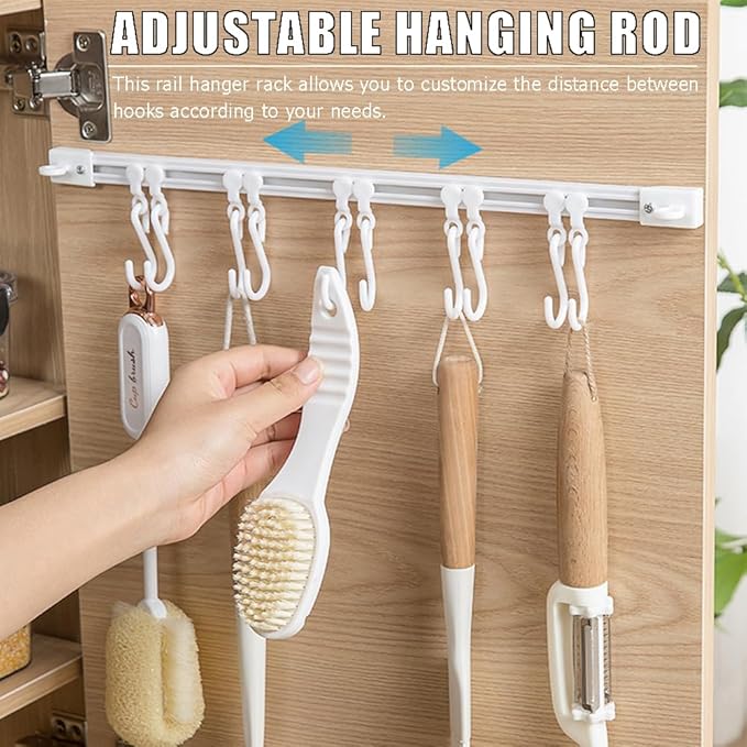 Utility Slide Rail Hook,Under Cabinet Kitchen No Punching Hooks for Hanging Utensil,Bathroom Bedroom Office Wall Door Rack with 10 Hooks,15.7 and 11.8 Inches,2Pieces