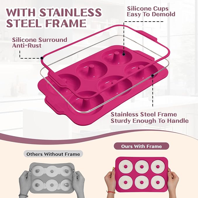 Nonstick Silicone Donut Pan: 3.5 Inch Doughnut Pans with Metal Frame - Silicone Donut Molds for Baking Gluten Free Glazed Vegan Protein Donuts Bagel - for Oven Kitchen - Home Bakers Housewife
