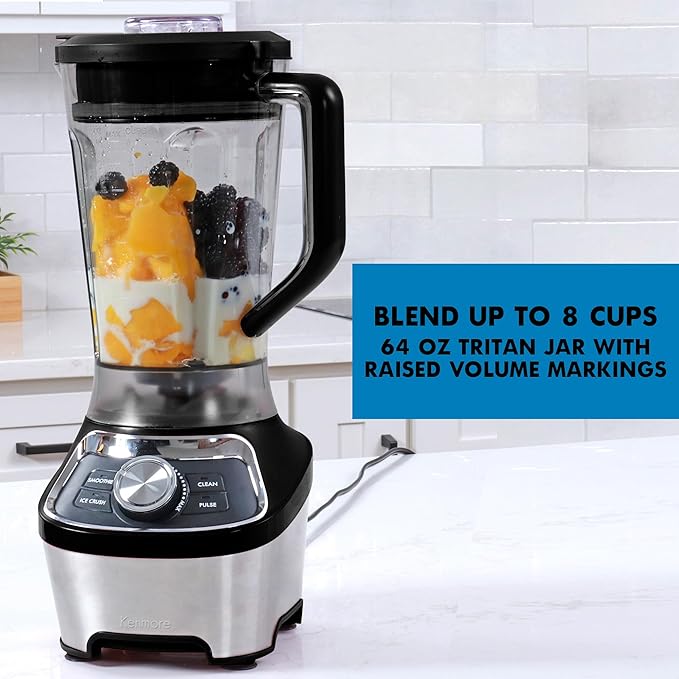 Kenmore Countertop Blender – Electric Mixer for Smoothies, Ice Crush & Pulse Function, Heavy Duty Tritan plastic Pitcher licuadora With 6 Speed, Kitchen Appliance, Dishwasher-Safe Jar, Black