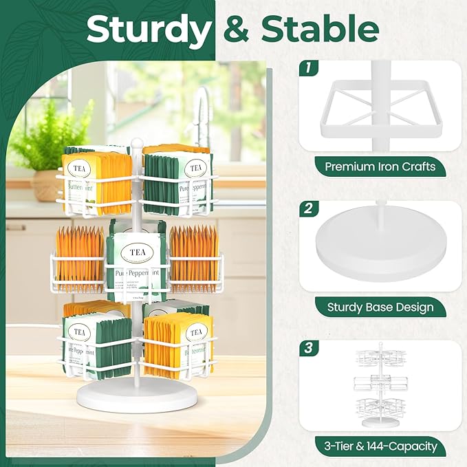 EsLuker.ly Tea Bag Holder Organizer for Counter 3 Tier Metal Tea Bag Storage Rack, Spinning Carousel Tea Packet Display Stand, Tea Organizer Station with Easy Access for Kitchen Office, White