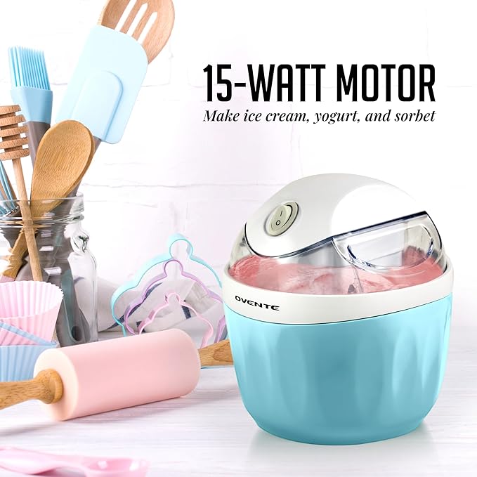 OVENTE Electric Ice Cream Maker with Easy-Lock Lid, 1QT Freezer Bowl for Healthy & Homemade Frozen Yogurt, Sorbet and Gelato, Mini Kitchen Appliance Ideal for Summer Desserts for Kids, Blue ICM110BL