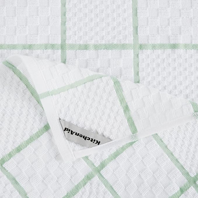 KITCHENAID Quilted Cotton Terry Cloth Oven Mitt, Pot Holder, Kitchen Towel 4-Pack Set, Heat Resistant, Silicone Grip, 16"x26", 7"x13" & 7"x10", Pistachio
