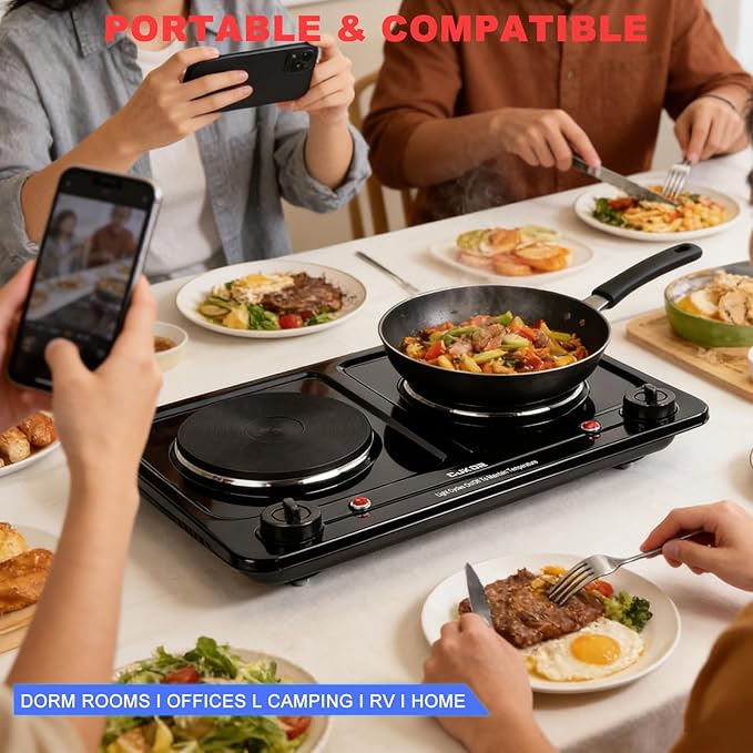 Double Burner Electric Hot Plate, 1800W Cast Iron Heating with Adjustable Temperature Control, Stainless Steel Body for Home, Dorm & Commercial Use