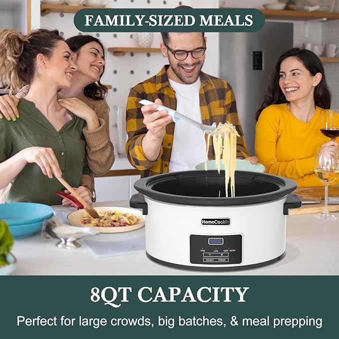 8-Quart Programmable Slow Cooker with Timer Keep Warm - Small Kitchen Appliance for Family Dinners - Serves 6+ People - Heat Settings: Keep Warm(White, Black Liner)