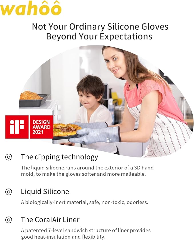 wahoo Professional Liquid Silicone Oven Mitts Gloves, Heat Resistant Gloves for Cooking, Baking, CoralAir Liner, 12 Inch, Purple, Medium