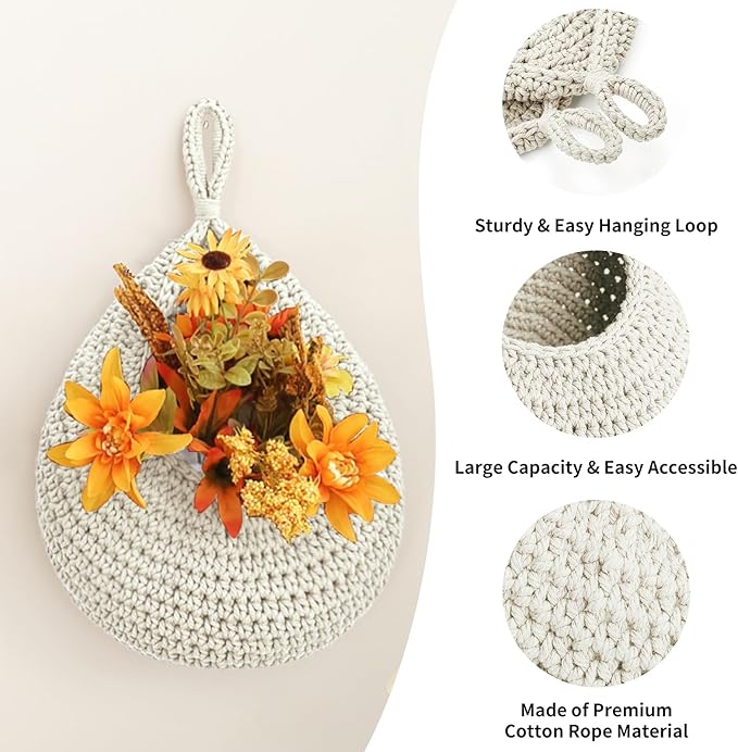 Boho Wall Hanging Fruit Baskets for Kitchen 3 Pack Woven Produce Holder with 6 Pcs Strong Hooks Vegetable Hanging Basket for Organizing Teardrop Home Wall Potato Onion Storage, White