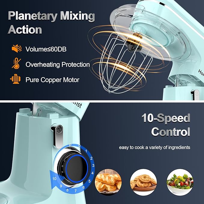 Honinst Stand Mixer, 6.5QT 10-Speed Tilt-Head Electric Stand Mixer, 3-In-1 Kitchen Mixer with Bowl, Dough Hook, Whisk and Beater, Food Mixer for Baking, Cake and Most Home Cooks, Blue