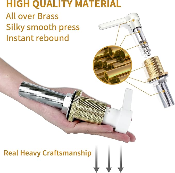 SD-80 All Brass Sink Soap Dispenser for Kitchen Sink Copper Pump Built in Dish Soap Dispenser with 17.6 oz(520ml) Bottle and 59"(1.5m) Extension Tube Kit (White)