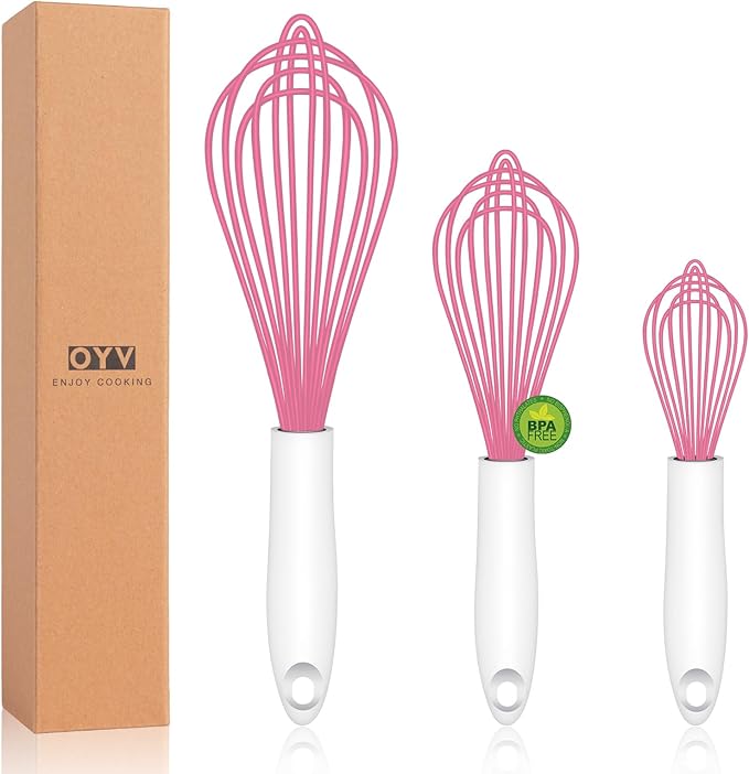 Pink Silicone Whisk, Sealed Waterproof Design Set of 3, Professional Kitchen Whisks for Cooking Non-Scratch, Silicone&Stainless Steel Whisk, Heat Resistant 480°F Rubber wisk, BPA free