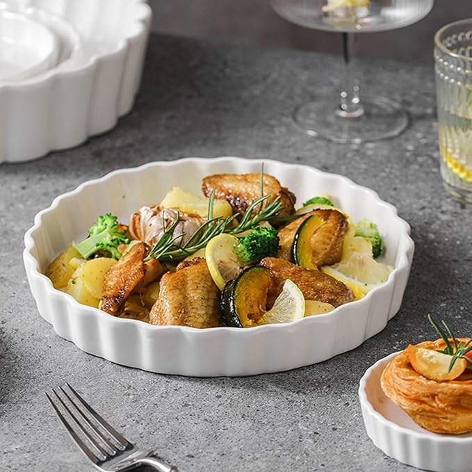 FEOOWV White Round Porcelain Quiche Pan -Non-Stick- Perfect for Baking Tart Pies and Chicken Pot Pie-Dishwasher,Dish Microwave and Oven Safe (7inch)
